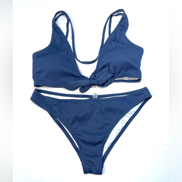 NWT Cupshe Deep Love Solid Bikini Set Tie Knot Mid Slate Ribbed Blue Size L - Picture 3 of 11